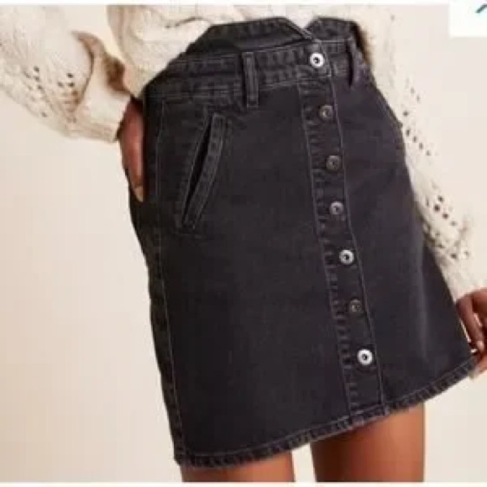 Anthropologie Pilcro Button Front Black Denim High Waisted Mini A-Line Skirt